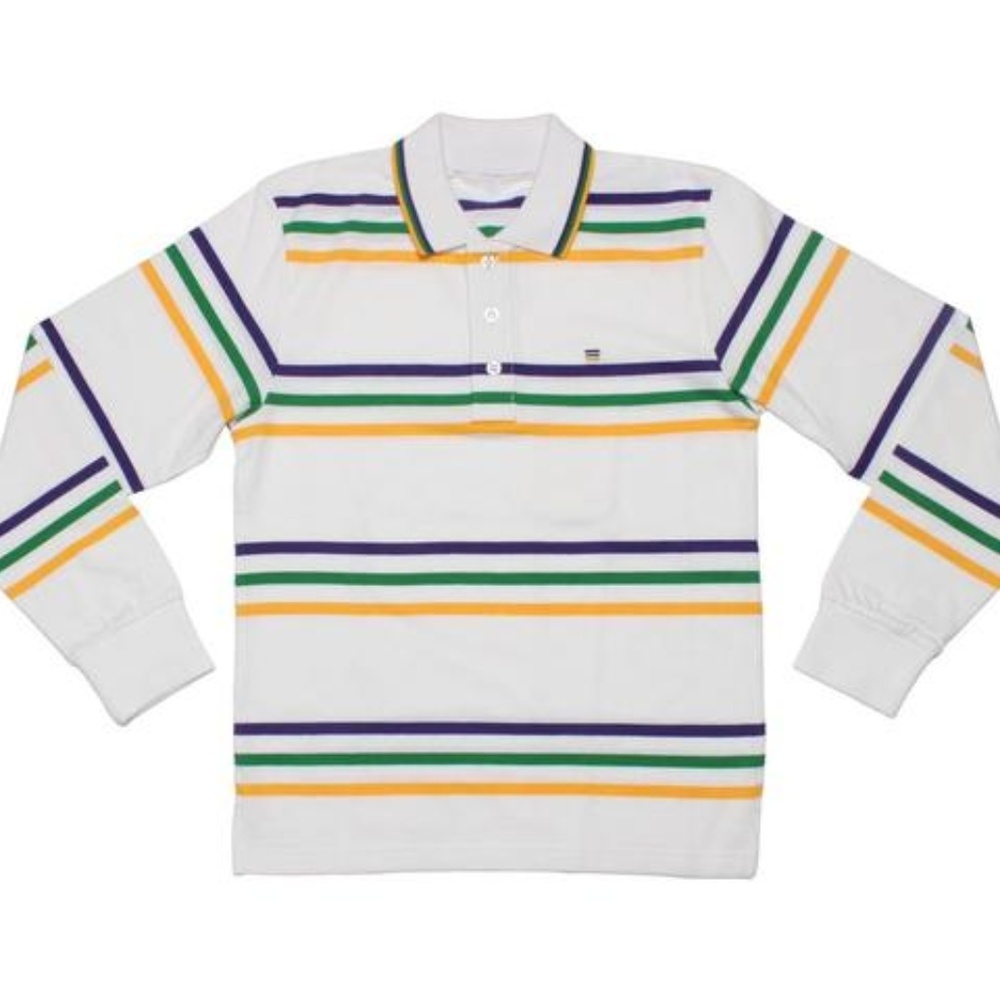 Mardi Gras Kids White Polo Shirt With Purple, Green & Gold Stripes - Picture 1 of 1